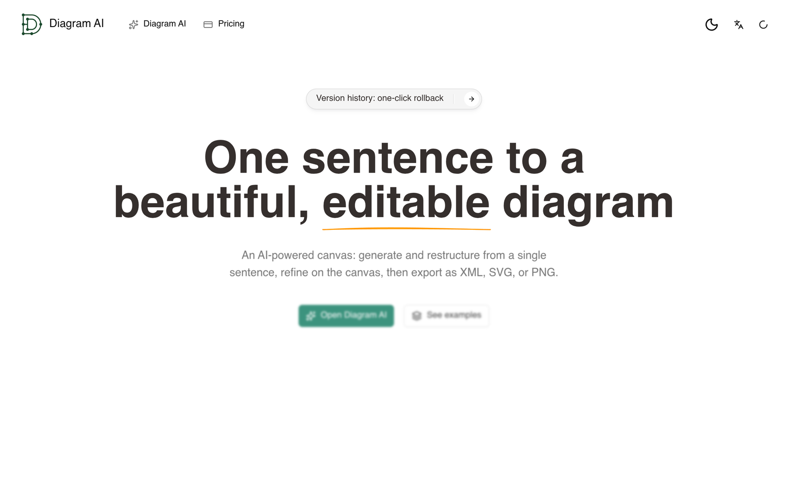 Diagram AI AI Tool Homepage Screenshot and User Interface