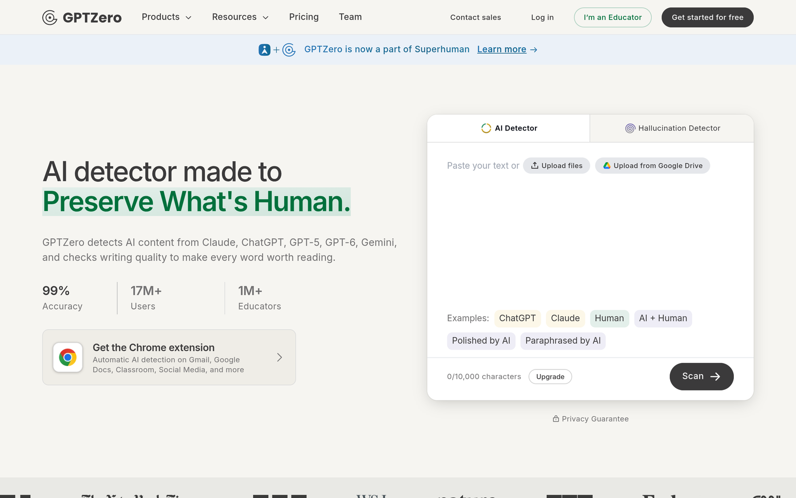 GPTZero AI Tool Homepage Screenshot and User Interface