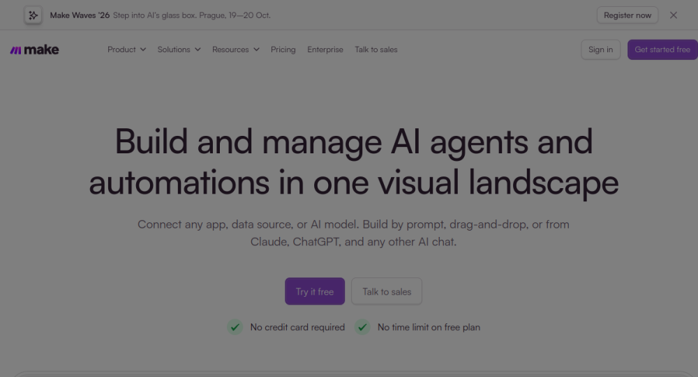 Make.com AI Tool Homepage Screenshot and User Interface