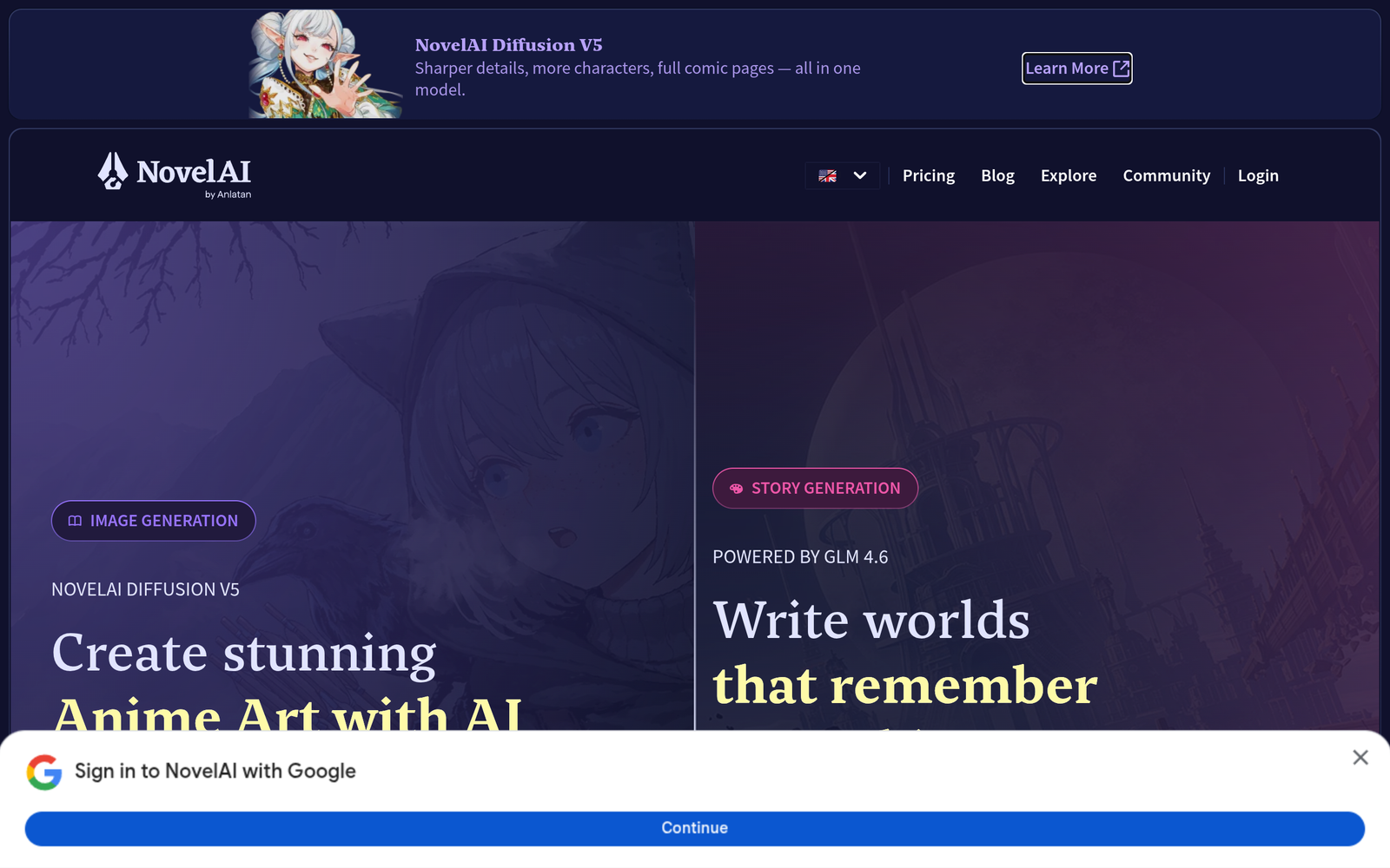 NovelAI AI Tool Homepage Screenshot and User Interface