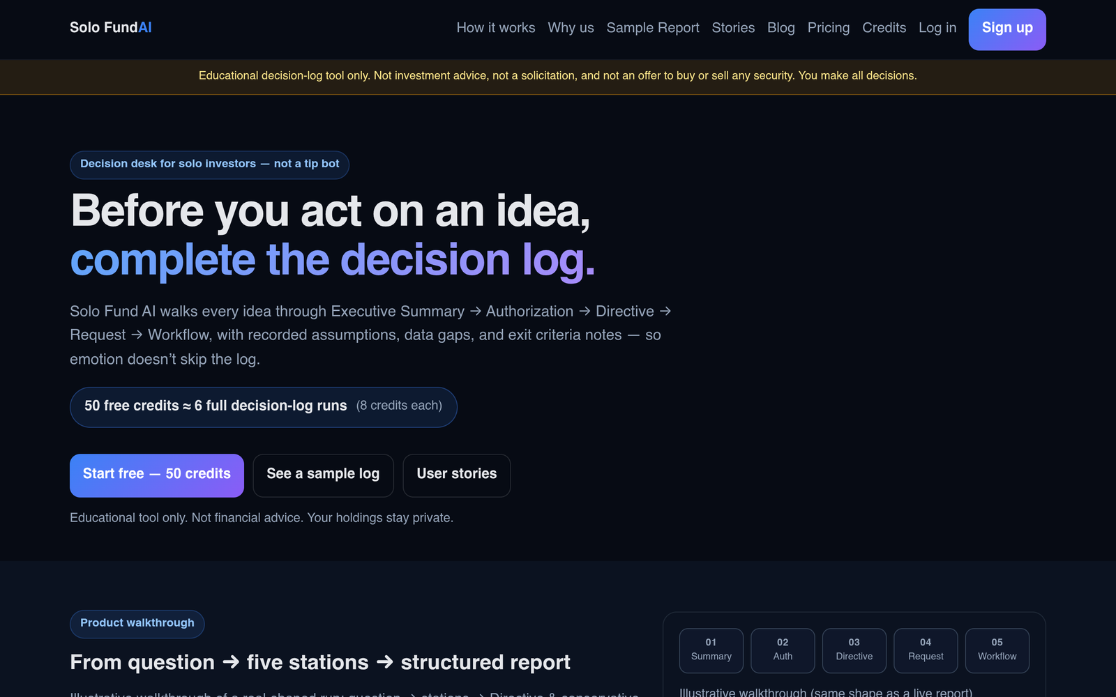 Solo Fund AI AI Tool Homepage Screenshot and User Interface