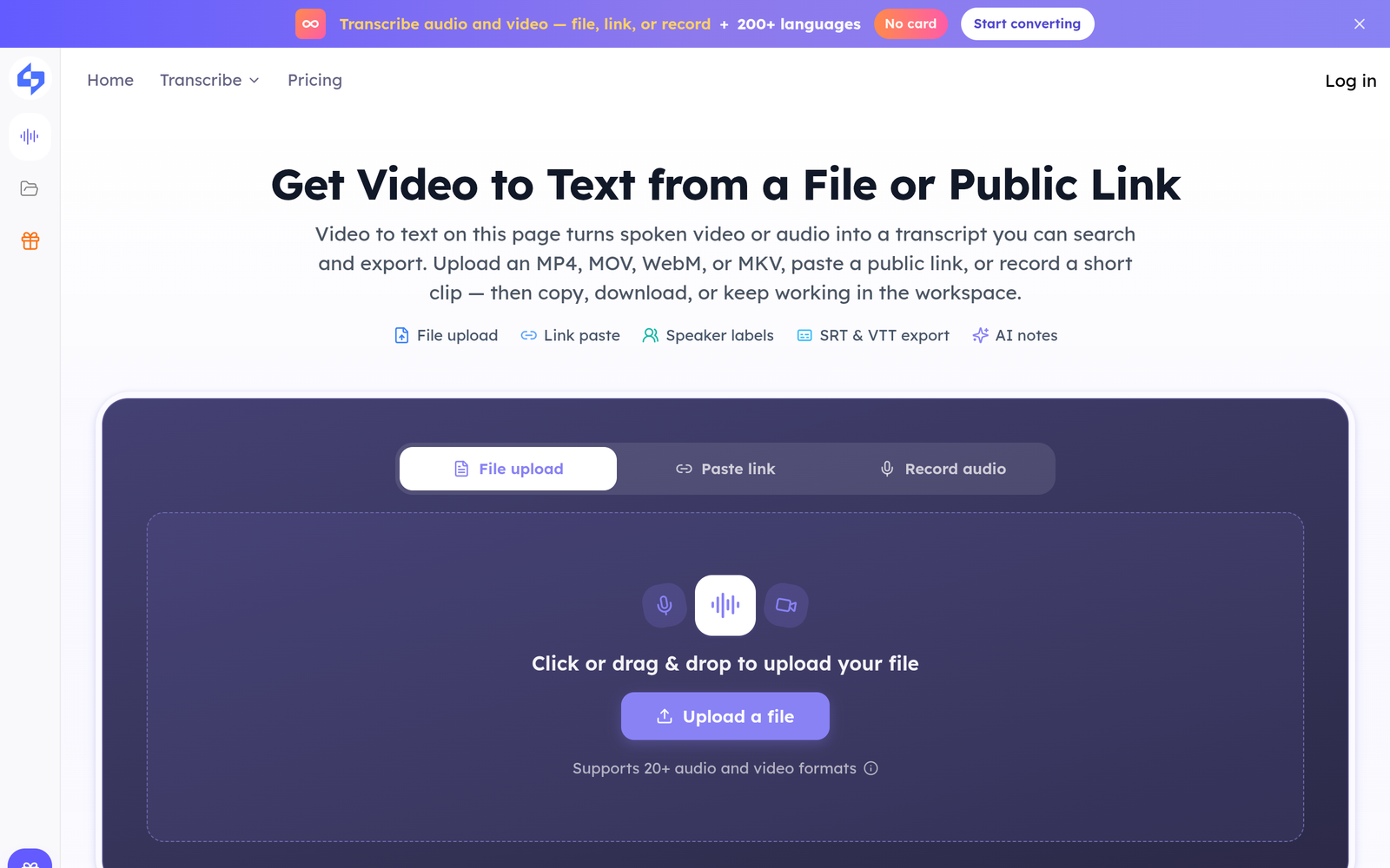video transcriber AI Tool Homepage Screenshot and User Interface